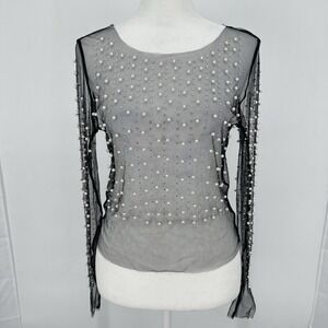 Women's Sheer Pearl Beaded Mesh Top Black Whimsygoth Fairycore Y2K Goth Sz S